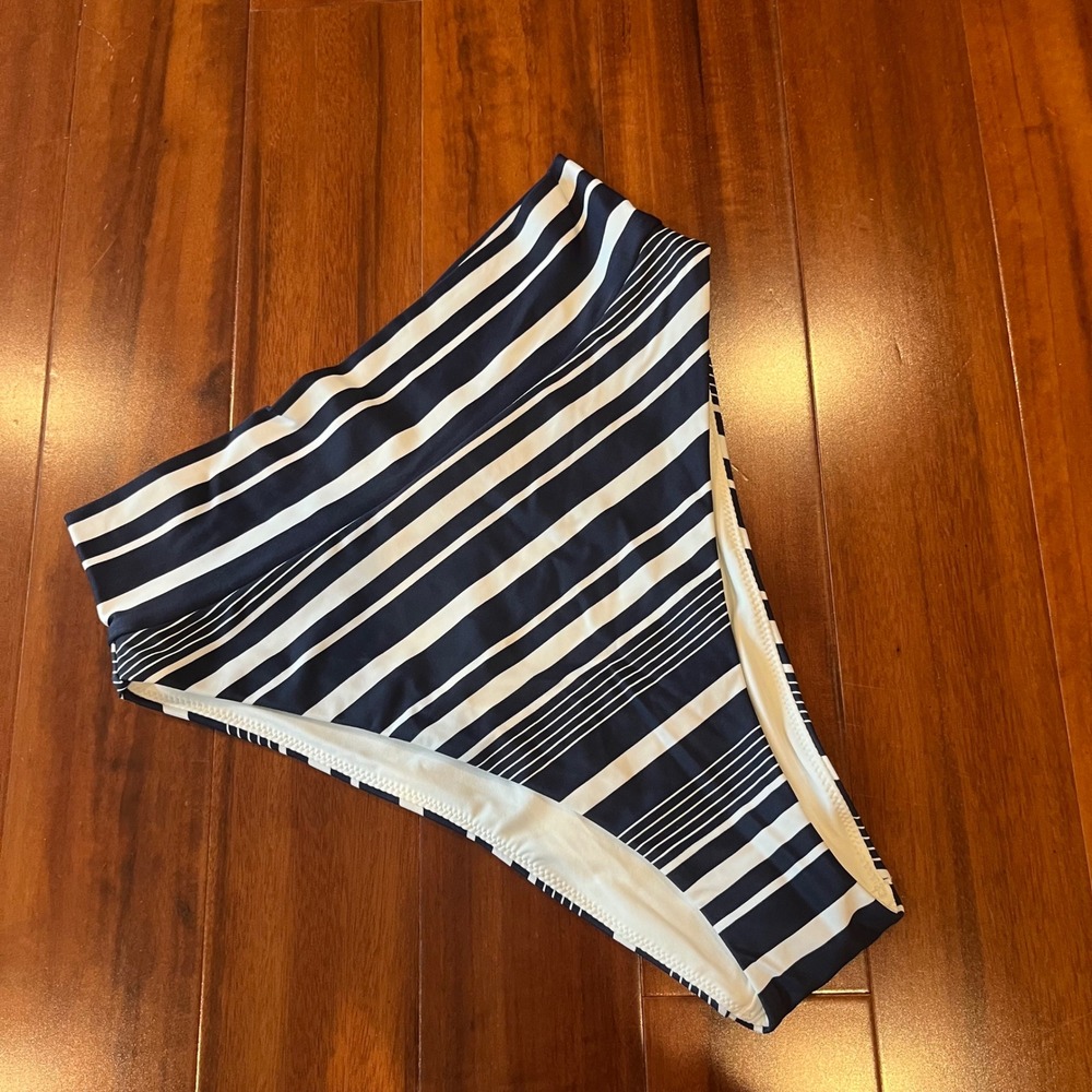 Aerie Stripe Bikini Swim Bottoms High Cut Cheeky Navy Blue White New Size Medium